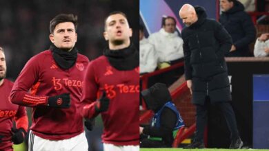 Luke Shaw, Harry Maguire and Diogo Dalot with Erik ten Hag. (Source: ESPN)
